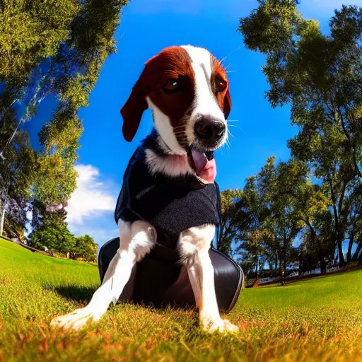 Image similar to Selfie of a dog sitting in a beautifully vivid park, while the sun shines brightly on the fur of the dog, subsurface scattering, first-person view, fisheye!!!!!! lens, photorealistic imagery, trending on artstation, 4k, 8k