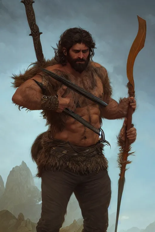 Prompt: full body portrait of a gruff ranger with a spear, lean and toned, handsome face, hairy chest and hairy body, D&D, intricate, elegant, highly detailed, digital painting, artstation, concept art, matte, sharp focus, illustration, art by Artgerm and Greg Rutkowski and Alphonse Mucha