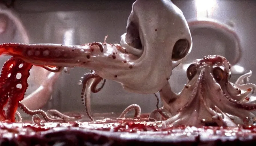 Image similar to Big budget horror movie, a squid bloodily rips out a man's intestines while a cyborg watches an octopus