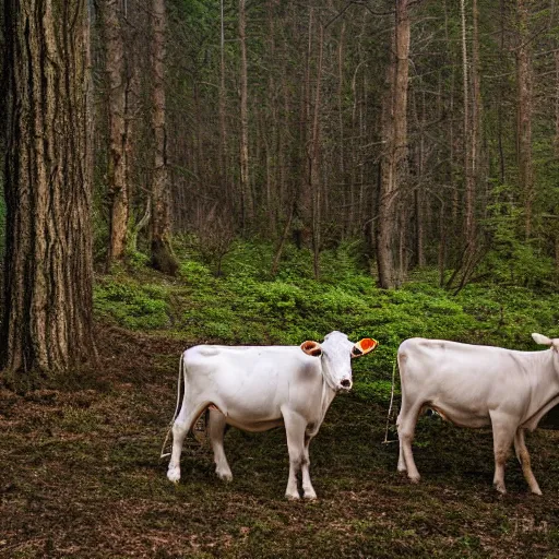 Image similar to DLSR photograph of several cows looking at the camera, in creepy forest, night-time, low lighting, eyes glinting