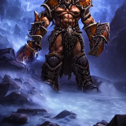 Image similar to epic world of warcraft orc warrior chief thrall standing in front of a gigantic throne made of dark ice with a dark sky above made of a dark hurricane spiral, extremely detailed, wow, cinematic