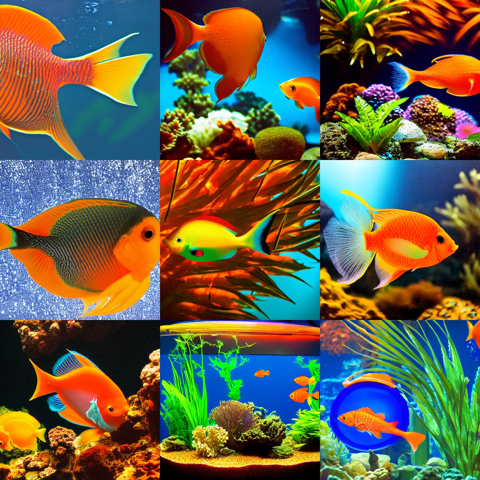 Prompt: Tropical fish with orange glow, in a round aquarium, dark blue background