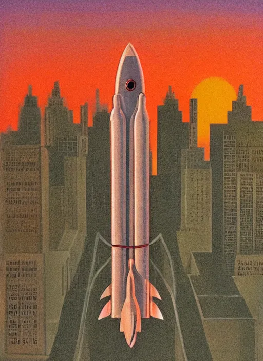 Prompt: a rocket taking off at sunset against the background of the city, ( ( ( retrofuturism ) ) ),