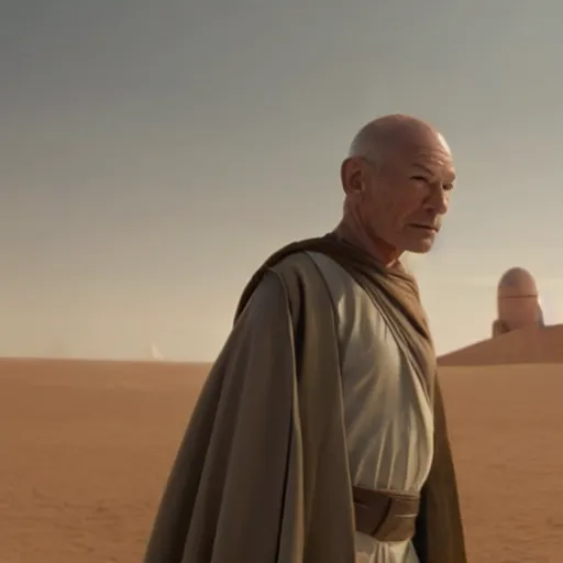 Image similar to patrick stewart as luke skywalker on tatooine