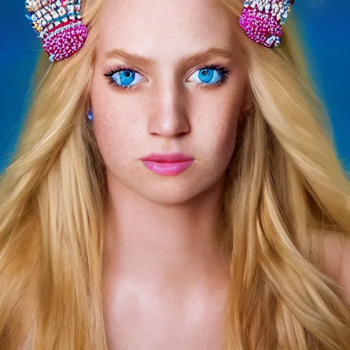 Image similar to close up headshot of a princess with long blonde hair and light blue eyes wearing a strapless elaborately beaded pink dress, high resolution film still, 8k, HDR color, film by Simon Langton and David Frankel, triangular face, slight freckles, round narrow chin, straight jawline, natural lips, high cheekbones, beautiful gazing eyes