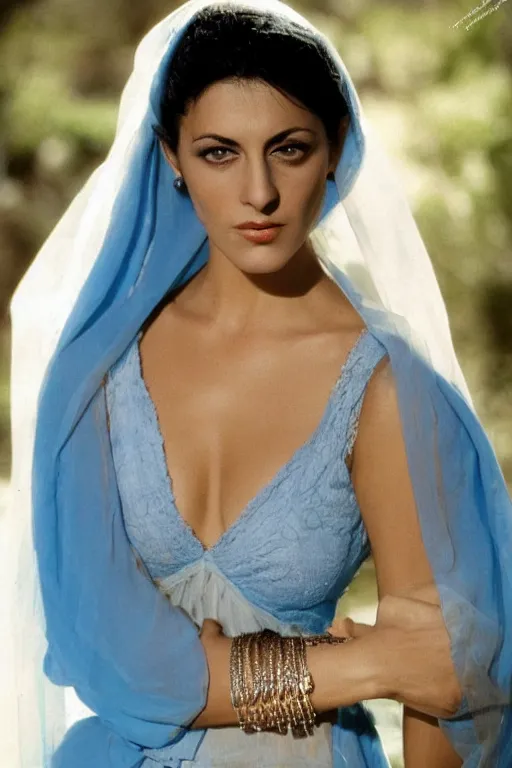 Image similar to young Monica Belluci as an Arab woman, tanned skintone, bright blue eyes, white veil, serious face, light blue dress portrait