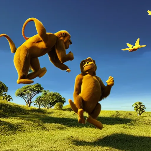 Image similar to gorilla and kangaroo fight, they are flying on a banana over the sky, high quality, highly detailed, 3 d octane render,