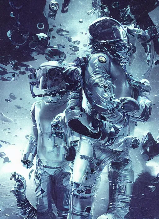 Image similar to astronauts in dark void underwater - complex and hyperdetailed technical suit. reflection and dispersion materials. rays and dispersion of light. volumetric light. f / 3 2. noise film photo. flash photography. ultra realistic, wide angle. poster by wayne barlowe, hajime sorayama aaron horkey, craig mullins