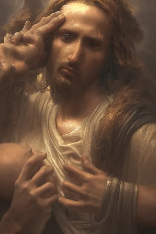 Image similar to portrait of jesus doing a facepalm, dim volumetric lighting, 8k octane beautifully detailed render, post-processing, extremely hyperdetailed, intricate, epic composition, grim yet sparkling atmosphere, cinematic lighting masterpiece, trending on artstation