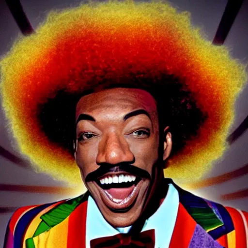 Image similar to photo of eddie murphy as a clown looking at the camera and smiling, hyper - realistic, very detailed, ray tracing, 8 k resolution, long - shot, sharp focus, low angle, 8 5 mm photograph, wide lens