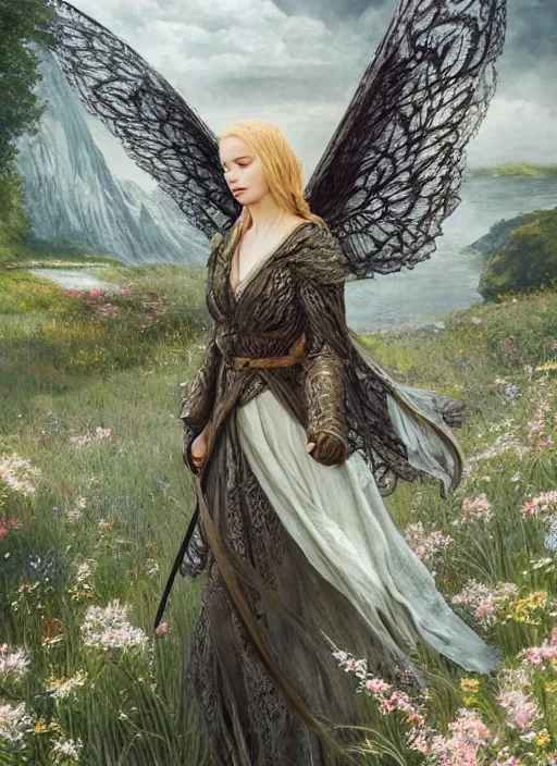 Image similar to portrait of a beautiful women with wings of lace in a lord of the rings scenery landscape, symmetrical body, face by artgerm, river, tall flowers, sunny day, highly detailed, perfect lighting, perfect composition, 4 k, by alan lee, by derek zabrocki, by greg rutkowski