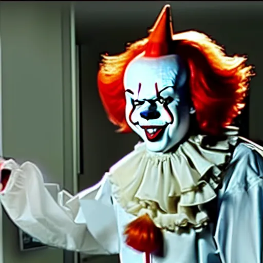 Prompt: a full body photograph of pennywise using a lab coat at a hospital