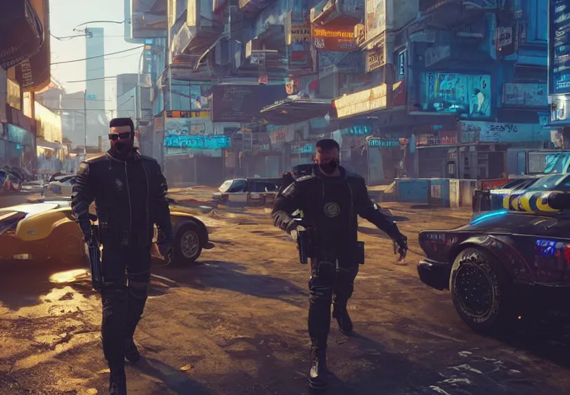 Prompt: Hezbollah Magomedov in cyberpunk 2077 fighting police