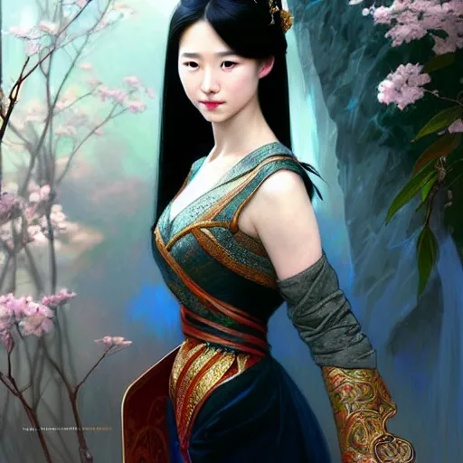 Image similar to ‘elegant Chinese princess like yifei liu, D&D, blue eyes, black hair, fantasy, intricate, elegant, highly detailed, digital painting, artstation, concept art, smooth, sharp focus, illustration, art by artgerm and greg rutkowski and alphonse mucha’