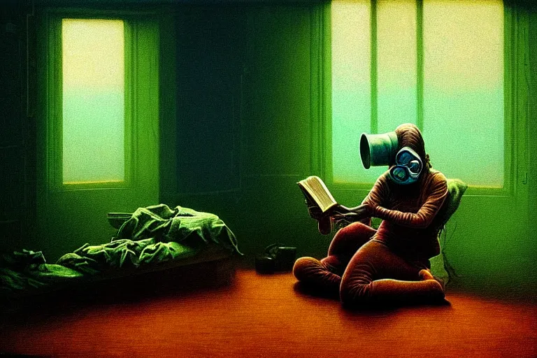 Image similar to hyper realistic girl with wearing a gas mask lying on the sofa reading a book in her room, in the style of beksinski, solarpunk, exact anatomy, atmospheric, clean, intricate and epic composition, green by caravaggio, insanely quality, highly detailed, masterpiece, blue light, artstation, 4 k