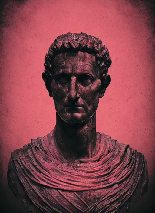 Prompt: elegant dark design poster showing a statue of julius caesar, black background with very subtle red and purple design elements, soft edges, powerful, nekro, vito acconci, thin straight purple lines, dark, glitch art, neo vaporwave, gritty, layout frame, square, trending on artstation