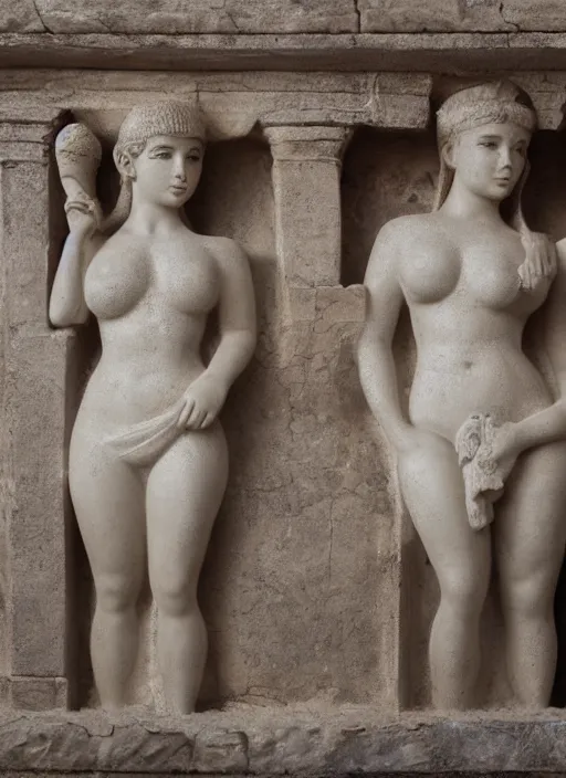 Prompt: photograph of a bas relief of demi rose and emilia clarke found in an ancient greek temple, by charlotte grimm, natural light, detailed face, canon eos c 3 0 0, ƒ 1. 8, 3 5 mm, 8 k, medium - format print, half body shot