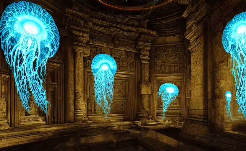 Prompt: ancient temple. intricate, centered, amazing composition by amano yoshitaka, by rembrandt, illustrious makinami, digital art, digital painting, artstation trending, unreal engine, fractal flame, transparent jellyfish, transparent feathers, bio luminescent, ice, water, leds