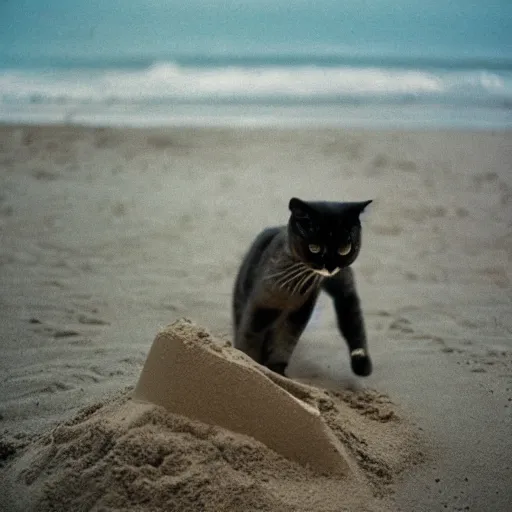 Prompt: a photo of cat making a sand castle on the beach, cinestill, 8 0 0 t, 3 5 mm, full - hd