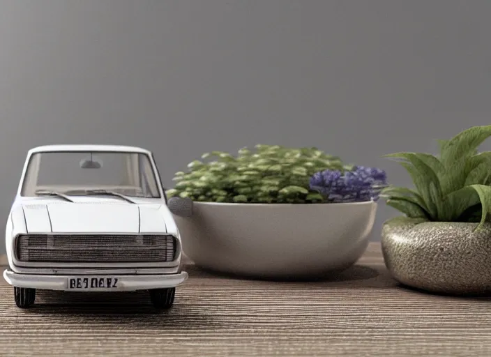 Image similar to a small miniature of a Ford Cortina 1980 on a white table near a book and a vase with a plant, 3d render, octane render, unreal engine 5, path tracing, serene landscape, calm, relaxing, beautiful landscape, highly detailed, high quality, 4k, symmetrical, low contrast