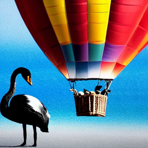 Image similar to realistic extremely detailed photo style painting of a hot air balloon with a picture of two black swans swimming, touching heads, forming a heart with their necks, granular detail, holographic krypton ion, octane render, 4k, f32,55mm photography, wide angle