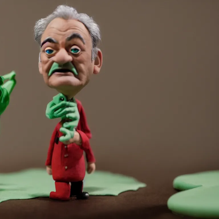 Image similar to a silly cinematic film still of a claymation stop motion film starring bill murray, shallow depth of field, 8 0 mm, f 1. 8