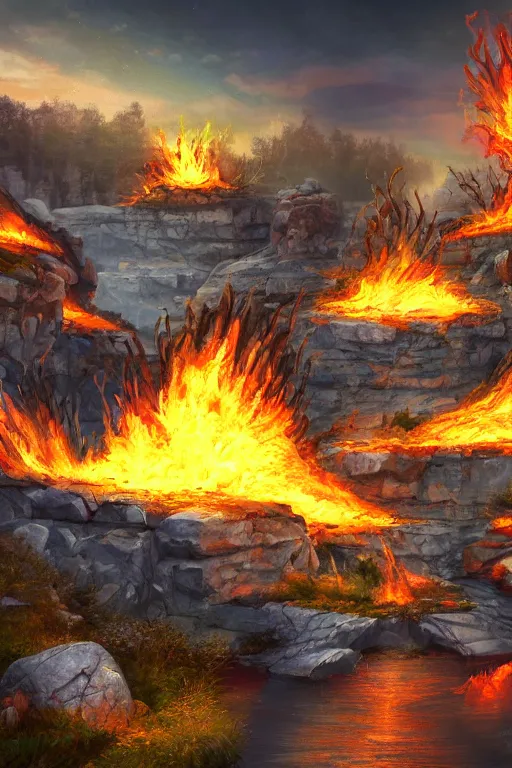 Image similar to the flaming quarry, fantasy, magic, 4 k, ultra realistic, celshaded art