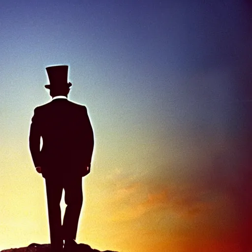 Prompt: the godfather wears a top hat. 5 0 mm, cinematic, technicolor, sunset lighting. sea and beach and a man in the background