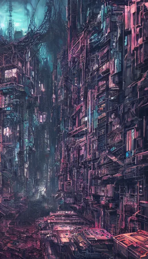 Prompt: A dystopian futuristic cyberpunk city in ruins, tower blocks crumbling amidst the jungles and vines of overgrowth, vibrantly rich neon lighting, gleaming volumetric-lighting-style atmosphere, a dark gloomy futuristic atmosphere, intricate, detailed, photorealistic imagery, oil on canvas, illustrated by H.R. Giger and Syd Mead, trending on artstation, 4k, 8k