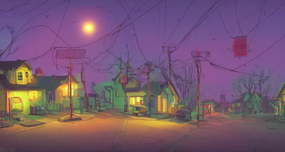 Image similar to a quaint suburban street at night with maschinen krieger, warm saturated colors, inspired by art of simon stalenhag