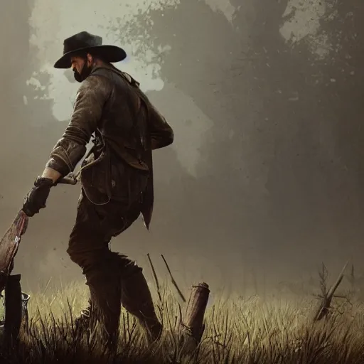 Prompt: a matte painting of hunters from hunt showdown videogame holding a birthday cake, digital art, very detailed, in the style of greg rutkowski,