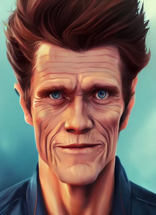 Prompt: young early - 2 0 s willem dafoe portrait illustrated by rossdraws, vivid colors, soft lighting, digital artwork 4 k, best of artstation