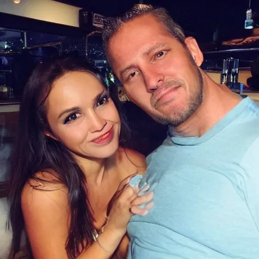 Image similar to photo of a 4 0 year old man that looks young for his age dating a very attractive 2 2 year old colombian woman wearing a bikini. they are at a night club