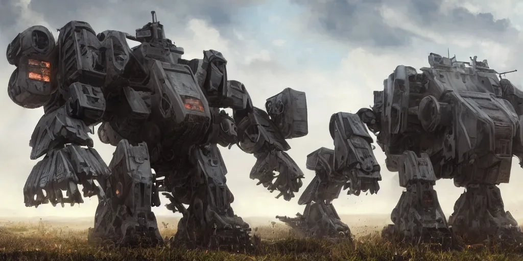 Image similar to large mech war machine walking through the countryside, cinematic lighting, dramatic camera angle, highly detailed concept art. realistic render