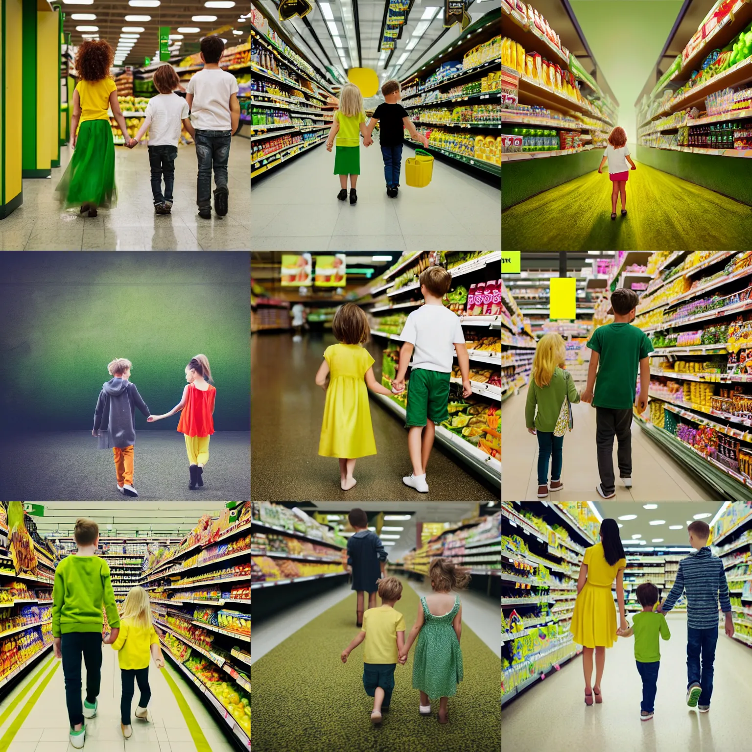 Prompt: a girl and younger brother walking hand in hand through a supermarket, yellow and green, dreamy, matte painting