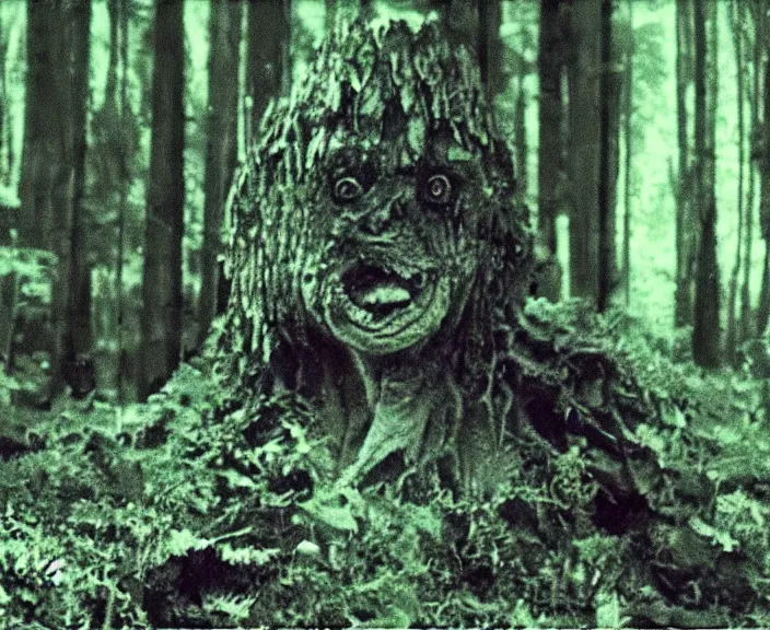 Prompt: a still frame from vhs footage of a creature in a forest, grainy, creature in view, scary, color