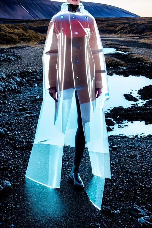Image similar to an ultra high definition professional high fashion portrait studio full length photograph of a model wearing a transparent pearlescent raincoat and neon visor in an icelandic black rock environment at dawn. no artefacts. extremely detailed. stark. refraction. shallow depth of field. volumetric light and shadow. ray tracing. light rays.