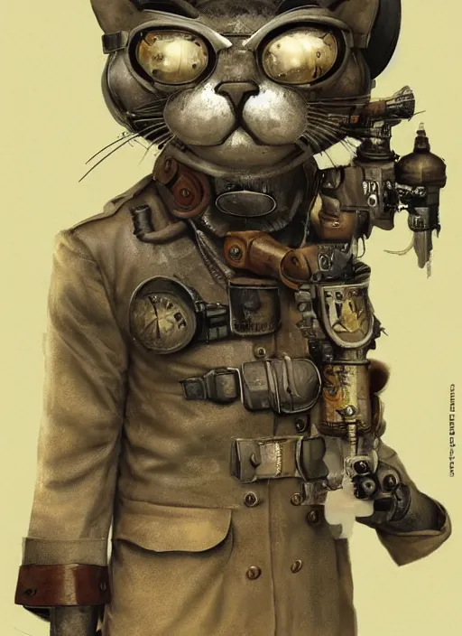 Image similar to a dieselpunk character portrait of an anthropomorphic cat soldier, by stephen gammell, by jack gaughan, by george ault, by victo ngai, 3 d render, cgsociety, artstation