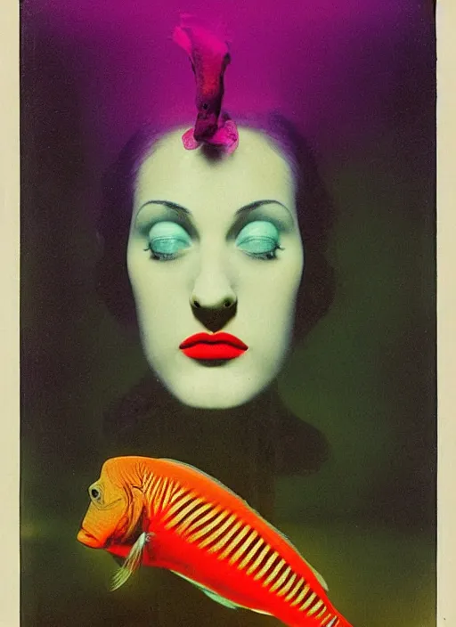 Image similar to female head in a aquarium, lights caustic, tropical fish, surreal photography by Man Ray and Salavdor Dalì