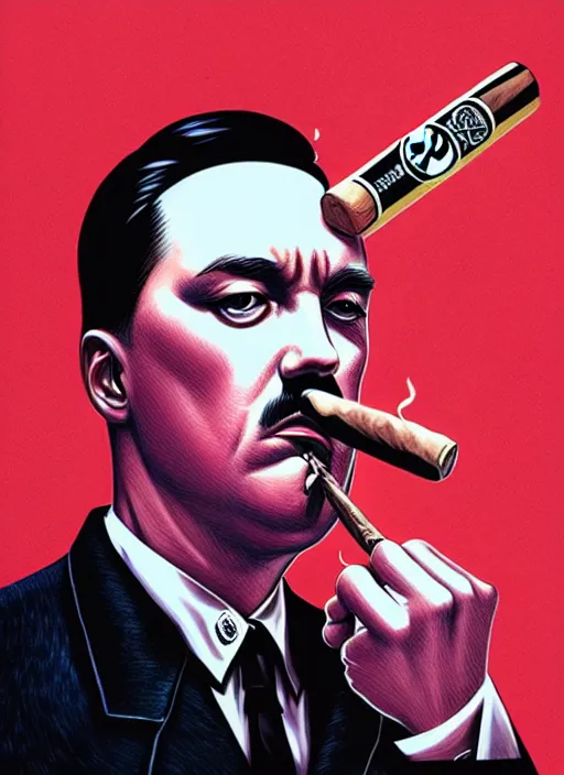 Prompt: mike patton hitler smoking a cigar, tristan eaton, victo ngai, artgerm, rhads, ross draws