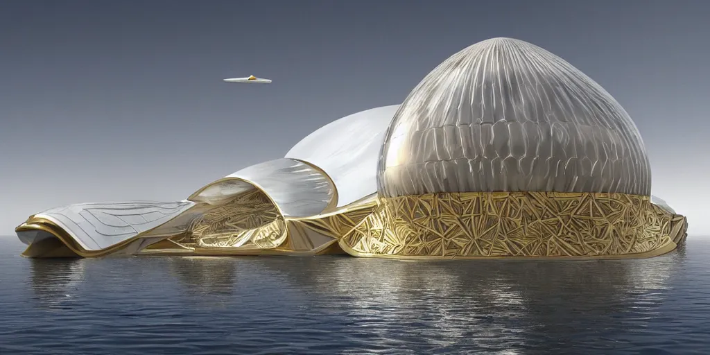 Image similar to mosque floating spaceship by zaha hadid, gold dome fantasy world