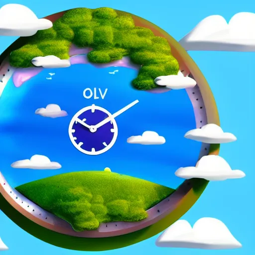 Image similar to a clock floating on an floating island, there are clouds around, it is on earth, on the background there are other floating islands too, floating at the ozone layer, cartoony, 4 k resolution, award winning