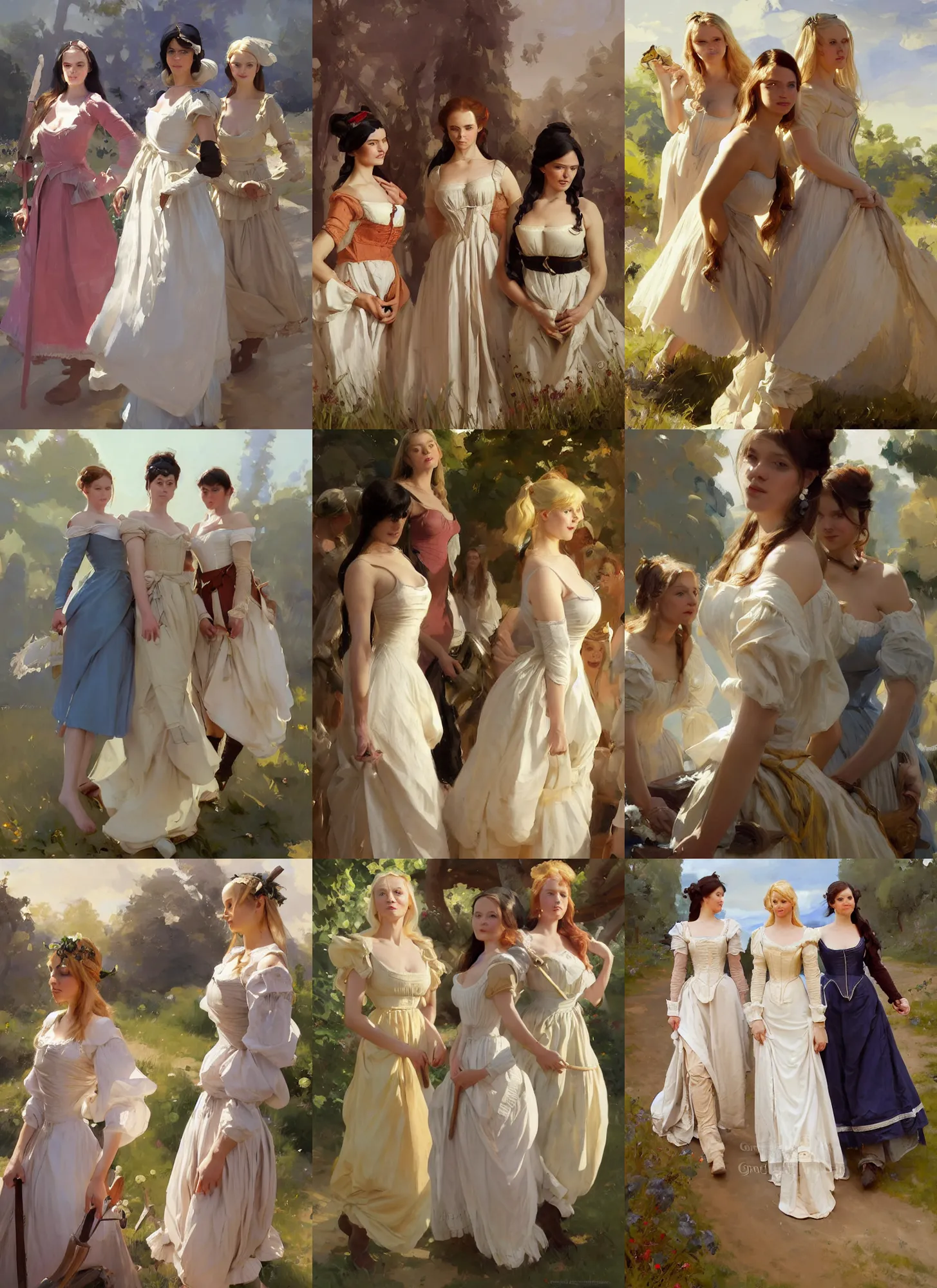 Prompt: three beautiful finnish norwegian swedish scandinavian attractive glamour models wearing as village maidens in 1 7 th century bodice with low neckline walking in versailles in a sunny day, jodhpurs greg manchess painting by sargent and leyendecker, studio ghibli fantasy medium shot asymmetrical intricate elegant matte painting illustration hearthstone, by greg rutkowski by greg tocchini by james gilleard