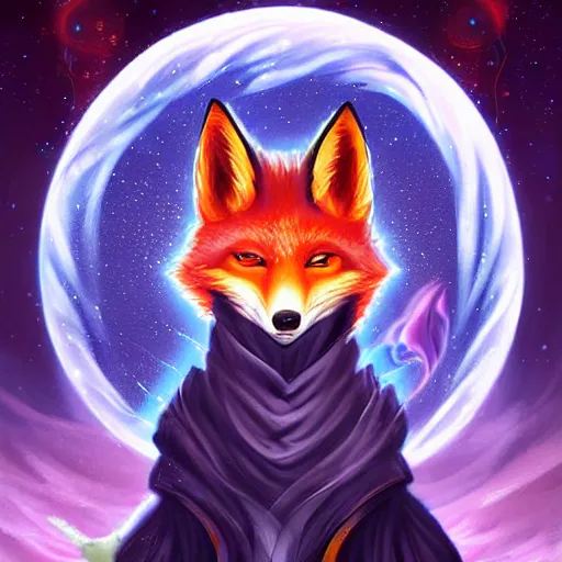 Image similar to a painted avatar portrait of an awesome cosmic powerful humanoid kitsune fox mage themed around life and death and the stars and the cosmos, in the style of dnd beyond avatar portraits, beautiful, artistic, elegant, lens flare, magical, lens flare, nature, realism, stylized, art by jeff easley