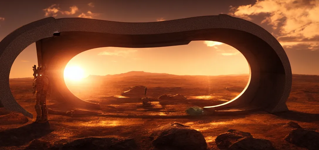 Image similar to stargate made of metal that form a circle and opens a portal to texas, cinematic view, epic sky highly detailed single ray of golden sunlight, beautiful, cgssociety, artstation, 8 k