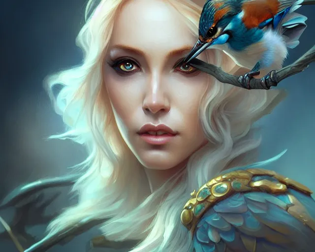 Prompt: eye makeup inspired by a kingfisher, deep focus, d & d, fantasy, intricate, elegant, highly detailed, digital painting, artstation, concept art, matte, sharp focus, illustration, hearthstone, art by artgerm and greg rutkowski and alphonse mucha