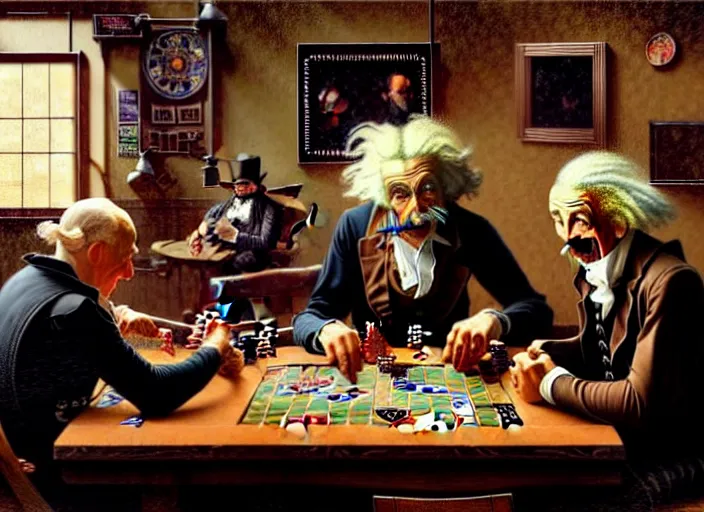 Image similar to in an old west saloon isaac newton and stephen hawkins and albert einstein playing poker, intricate, highly detailed, centered, digital painting, artstation, concept art, smooth, illustration, muted colors, art by norman rockwell and greg rutkowski and james gurney chuck close