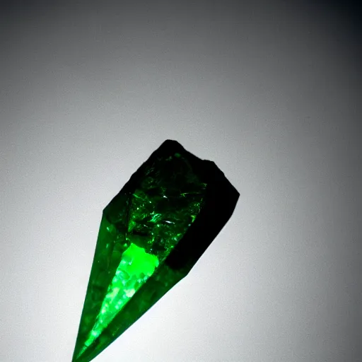 Image similar to a glowing shard of kryptonite held in an open black - gloved hand, pitch black, dimly lit only by the green glow of the kryptonite
