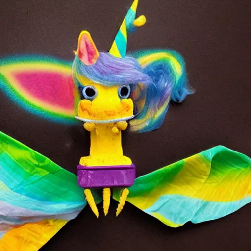 Prompt: photo of a hybrid between a bee and a rainbow unicorn