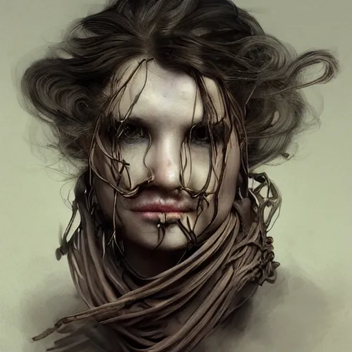 Image similar to portrait of a Shibari rope wrapped face and neck, headshot, insanely nice professional hair style, dramatic hair color, digital painting, of a old 17th century, old cyborg merchant, amber jewels, baroque, ornate clothing, scifi, realistic, hyperdetailed, chiaroscuro, concept art, art by Franz Hals and Jon Foster and Ayami Kojima and Amano and Karol Bak,